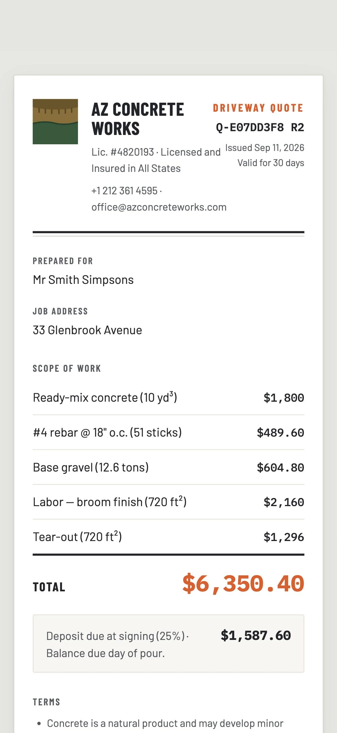 The quote the customer opens on their phone: AZ Concrete Works letterhead, driveway quote for Mr Smith Simpsons at 33 Glenbrook Avenue, itemised ready-mix, rebar, base gravel, labour and tear-out, total $6,350.40 with a 25 percent deposit due at signing.